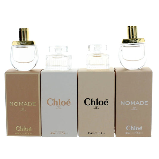 Chloe 4 pcs set for women: nomade 0.16 eau de toilette mini + rose tangerine 0.16 eau de toilette mini + chloe 0.16 eau de parfum mini + nomade 0.16 eau de parfum mini
