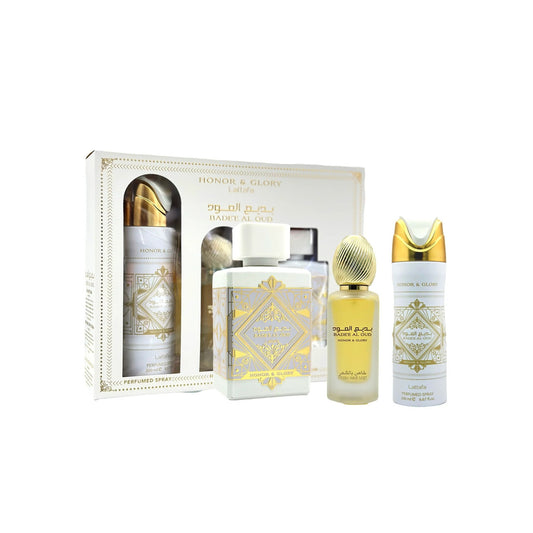Lattafa bade'e al oud honor & glory 3 pcs set: 3.4 eau de parfum spray + 1.7 hair mist + 6.7 perfumed body spray