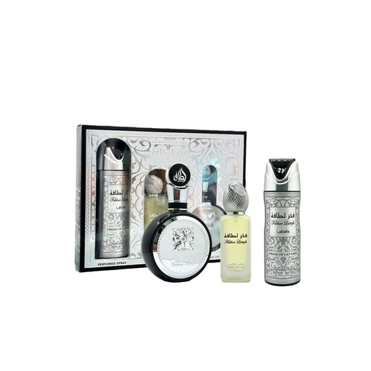 Lattafa fakhar 3 pcs set for men: 3.4 eau de parfum spray + 6.7 perfumed body spray + 1.7 hair mist