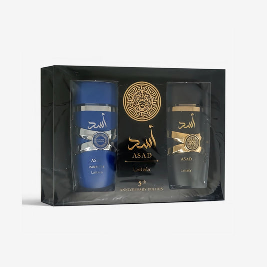 Lattafa asad 2 pcs set for men: asad 3.4 eau de parfum spray + asad zanzibar 3.4 eau de parfum spray