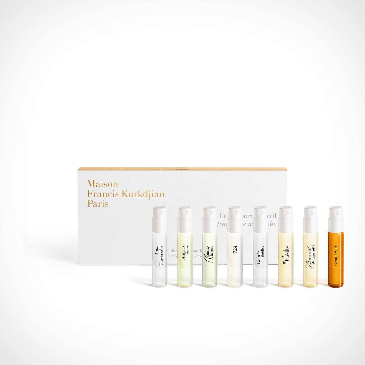 Maison francis kurkdjian the fragrance wardrobe for her 8 x 0.37 eau de parfum spray set: amyris femme + apom + aqua media cologne forte + gentle fluidity gold + petit matin + baccarat rouge 540 + a la rose + grand soir