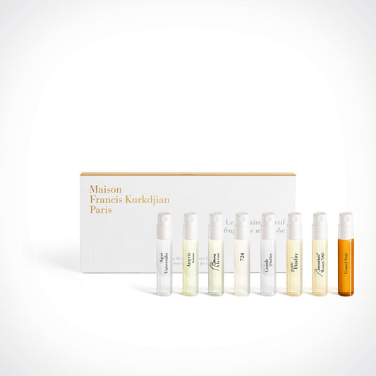 Maison francis kurkdjian the fragrance wardrobe for her 8 x 0.37 eau de parfum spray set: amyris femme + apom + aqua media cologne forte + gentle fluidity gold + petit matin + baccarat rouge 540 + a la rose + grand soir